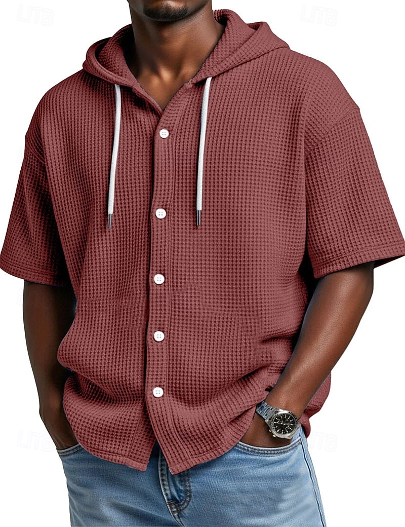 Voor heren Overhemd Wafel Shirt Normaal shirt Overhemd met knopen Wit Korte mouw Effen Kleur Effen Capuchon Casual Dagelijks Lapwerk Kleding Vakantie Modieus Casual 2026 - $30.99 –P8