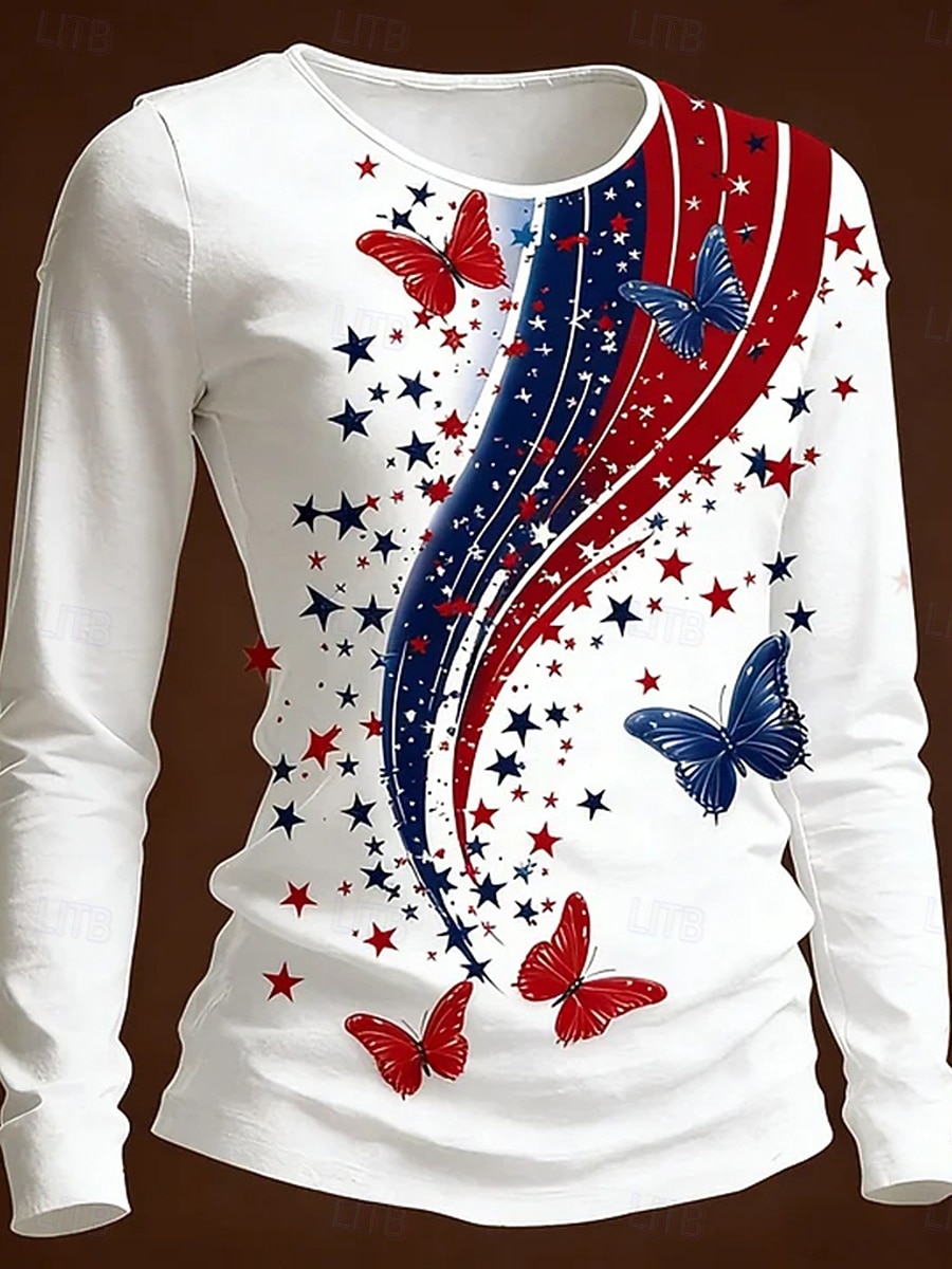Independence Day PatrioticWomen's T Shirt Print Graphic Flag Fashion Stylish Classic Long Sleeve Crew Neck Round Neck Regular Tops Daily Weekend Blue White Summer Spring Fall 2026 - $24.99 –P1