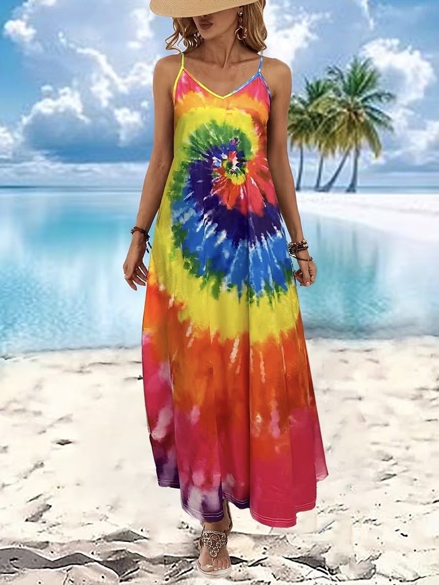 Damen Maxikleid Sommerkleid A Linie Kleid Unterkleid Urlaub Lässig Strand Ausgehen Normale Passform Ombre Grafik Batik Ärmellos V Ausschnitt Spaghettiträger Orange Sommer Frühling 2026 - $36.99 –P3