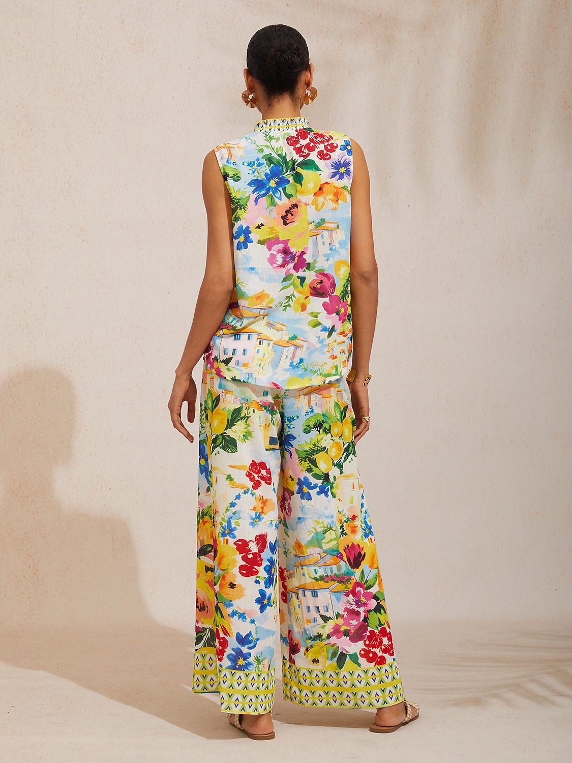 Luftig ärmlös topp i linne-look med citrusträdgård och semestermönster 2026 - $56.99 –P10