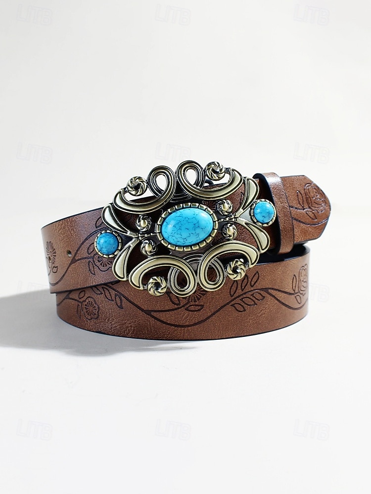 női bohém műbőr türkiz öv, fekete és barna western vintage deréköv gravírozott pánttal és díszes csattal hétköznapi viseletre, utazáshoz, nyaraláshoz és üdülőhelyi stílushoz 2026 - $12.84 –P5