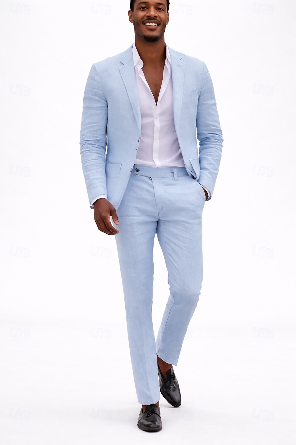 Men's Linen Suits Beach Wedding White Sky Blue Spring & Summer Suit Notch Lapel Formal Solid Colored Slim Fit 2 Piece Single Breasted Two-buttons 2026 - $119.99 –P8