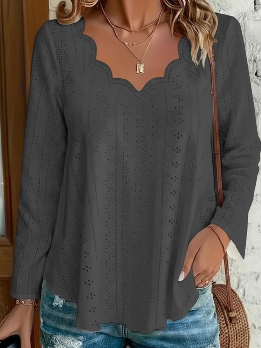 Mujer Camisa de punto Parte superior con ojales Blusa Ahuecado Plano Activo Casual Manga Larga Escote en Pico Tops regulares Casual Diario Playa Azul Piscina Negro Blanco Rosa Verde Trébol Verano 2026 - $26.99 –P5