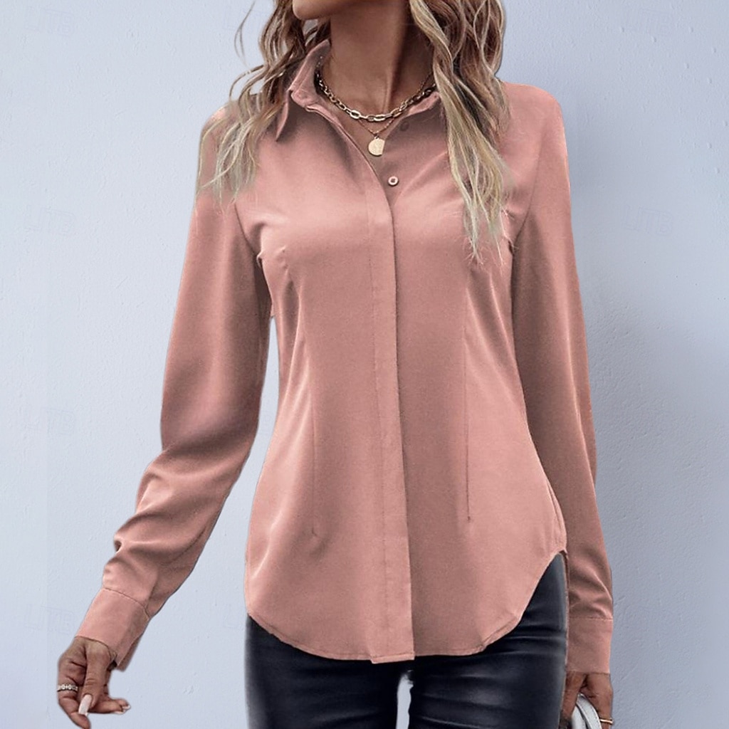 Mulheres Camisa Social Blusa de cetim Saia camisa de botão Côr Sólida Tecido Elegante Moda Casual Manga Longa Aberto para a Lateral Tops regulares Diário Escritório Trabalho Preto Rosa Vermelho Roxo de 2026 por $24.99 –P4