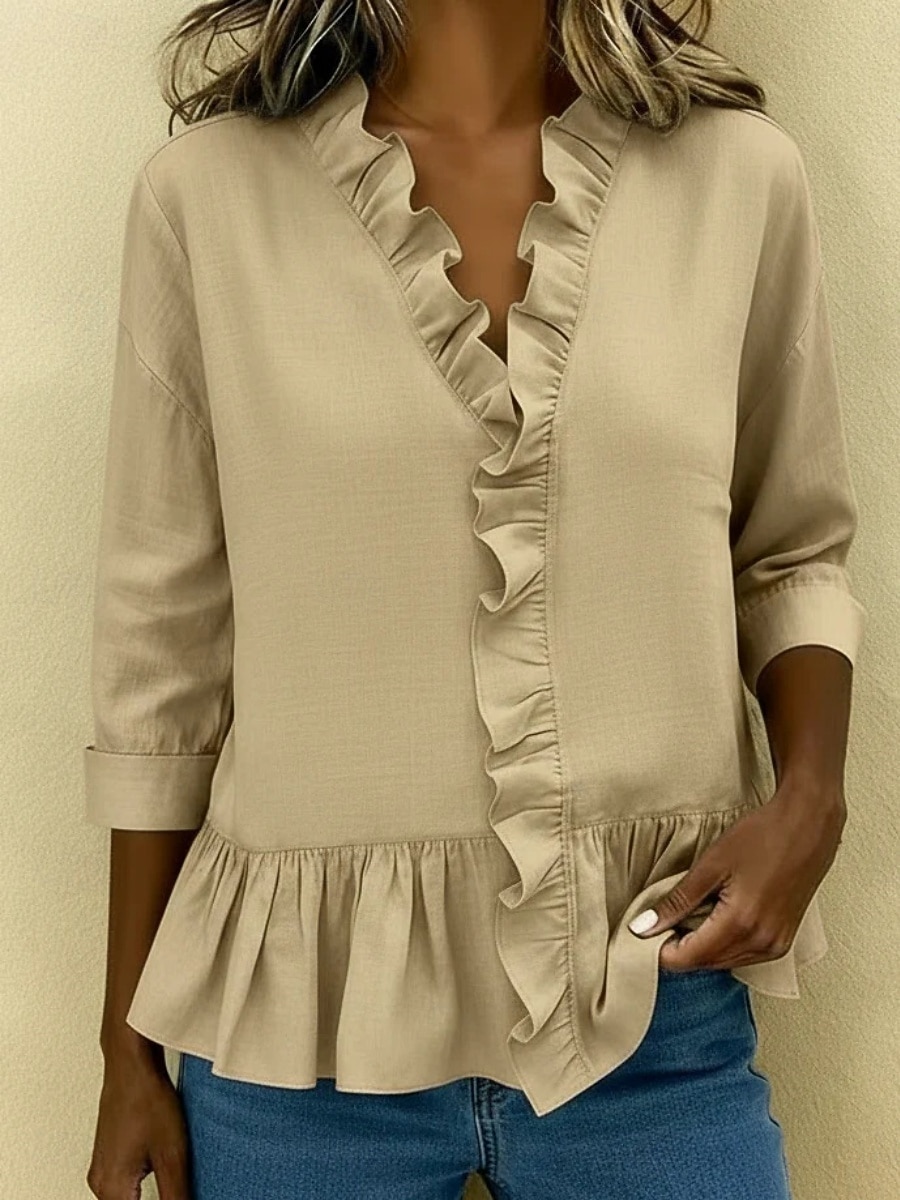 Per donna Camicie effetto lino Blusa Camicia di cotone Volant Tinta unica Quotidiano Elegante Essenziale Manica 3/4 Scollo a V Top Regolari Quotidiano Blu Nero Bianco Cachi Rosso Estate Primavera del 2026 a $24.99 –P5