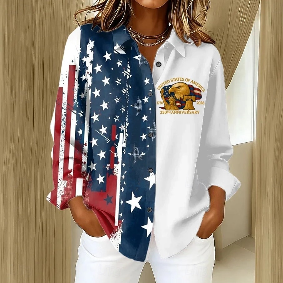 American Independence Day Women's Shirt Buttons Print Graphic America's Anniversary Vintage Stylish Modern Long Sleeve Shirt Collar Regular Tops Daily Blue Black Summer Spring 2026 - $32.99 –P1
