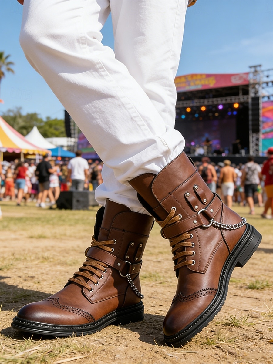 Botas de combate marrones para hombre con cordones, cremallera lateral y detalle de cadena. Botines para festivales de música, conciertos, eventos al aire libre, estilo urbano, fiestas y un estilo robusto y llamativo. 2026 - $64.99 –P3