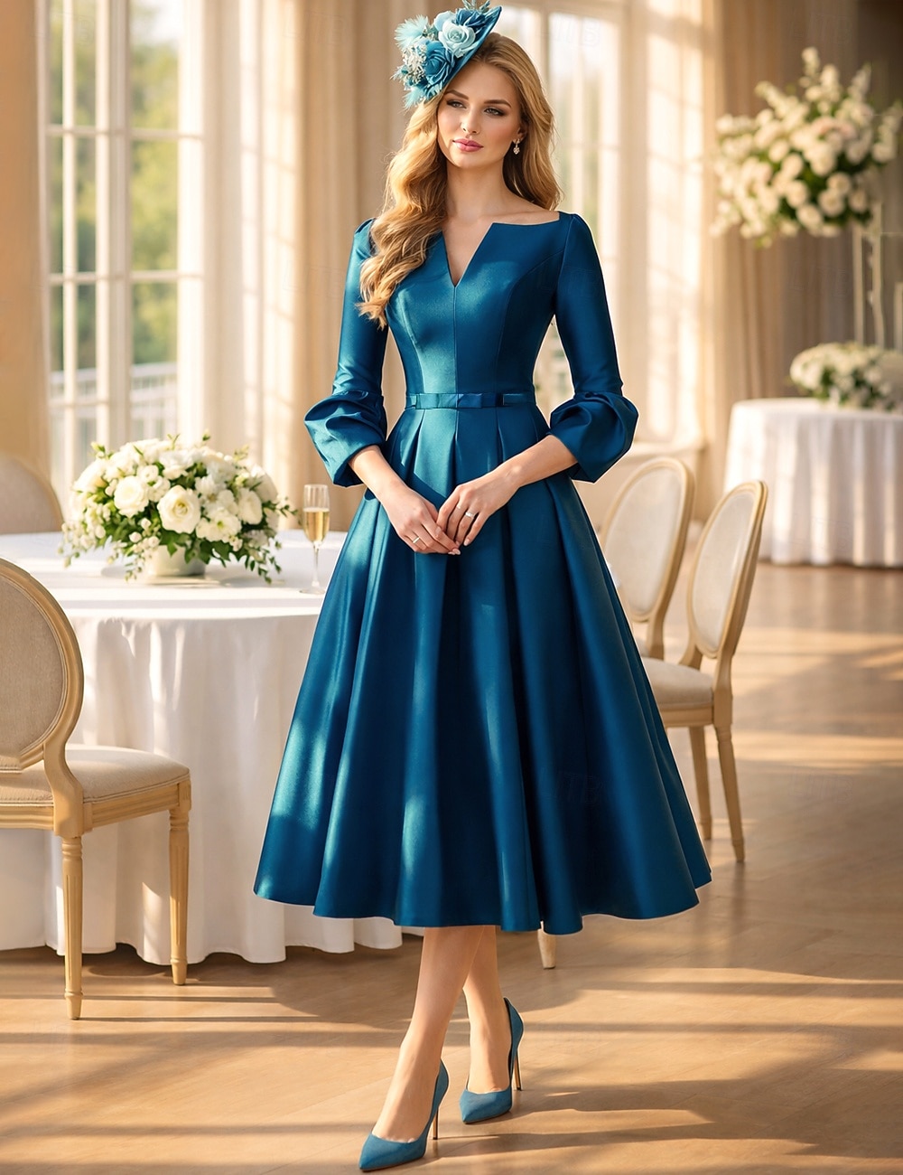 A-Linie Tee-Länge Cocktailkleider Partykleider Elegant Mutter Dreiviertelarm V Ausschnitt Formell Hochzeitsgast Satin mit Falten 2026 - $120.99 –P1