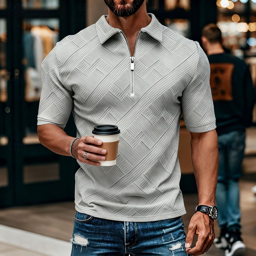 Per uomo Polo con zip Testurizzato Casuale Quotidiano Zip a un quarto Manica Corta Moda Tempo libero Semplice Cerniera Zip a un quarto Estate Primavera Blu Verde translucido blu navy Aalbicocca Blu del 2026 a $22.99 –P17