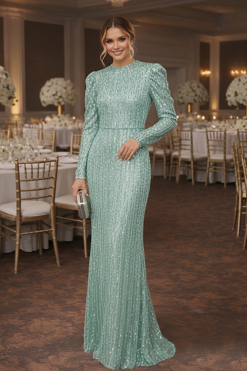 Tubino Colonna Lunghezza al pavimento Abito da invitata a nozze Abito Formale Abito da sera Abiti da Ballo Elegante Manica Lunga Girocollo Balli di fine anno Formale Con Paillettes con Glitter del 2026 a $149.99 –P1