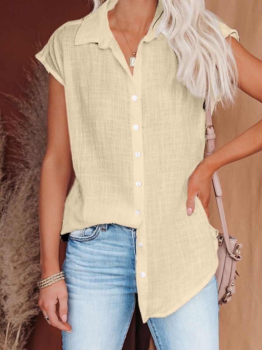 Women's Blouse Cotton Shirt Buttons Solid Color Vintage Daily Stylish Short Sleeve Shirt Collar Regular Tops Daily Blue Black White Pink Wine Summer Spring 2026 - $19.99 –P7