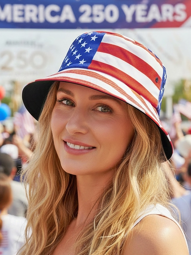 Patriotisk, trykt polyester bøttehatt for kvinner, solhatt med bred brem, til 250-årsjubileum, uavhengighetsdag, fritidsklær og reiseferie 2026 - $11.99 –P1