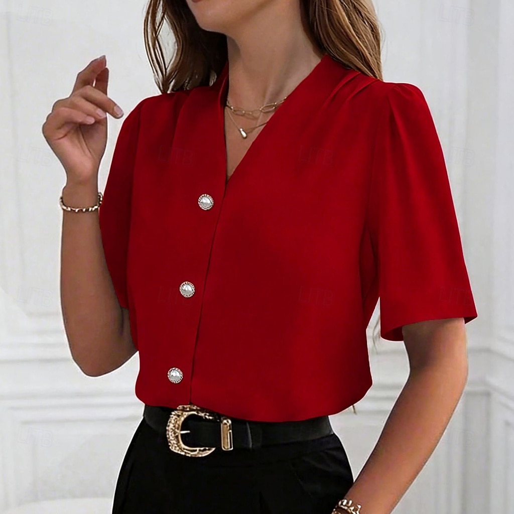 Women's Shirt Dress Shirt Button Up Shirt Ruched Buttons Solid Color Elegant Fashion Daily Short Sleeve V Neck Regular Tops Streetwear Office Work Blue Black White Red Apricot Summer Spring 2026 - $31.99 –P6