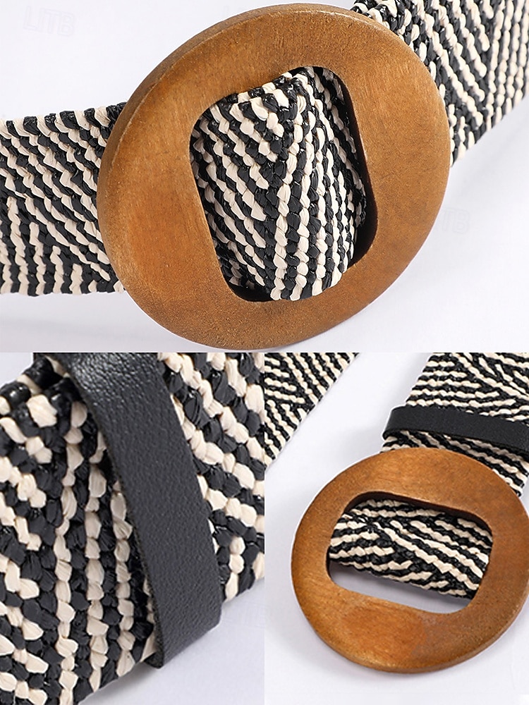 Cinturón tejido bohemio para mujer con hebilla de madera vintage, cinturón de malla de paja para vestir, ideal para vacaciones de verano en la playa y uso diario informal, disponible en varios colores. 2026 - $9.99 –P9
