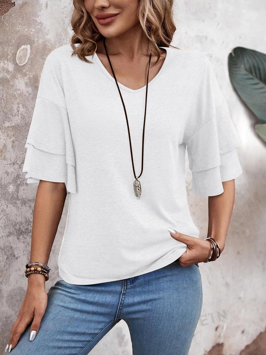 Dame T skjorte T-skjorte Drapering عادي Mote Stilfull Klassisk Halvlange ermer V-hals Vanlige topper Daglig Ut på byen Helg Svart Hvit Rosa Navyblå Kamel Sommer Vår 2026 - $24.99 –P6