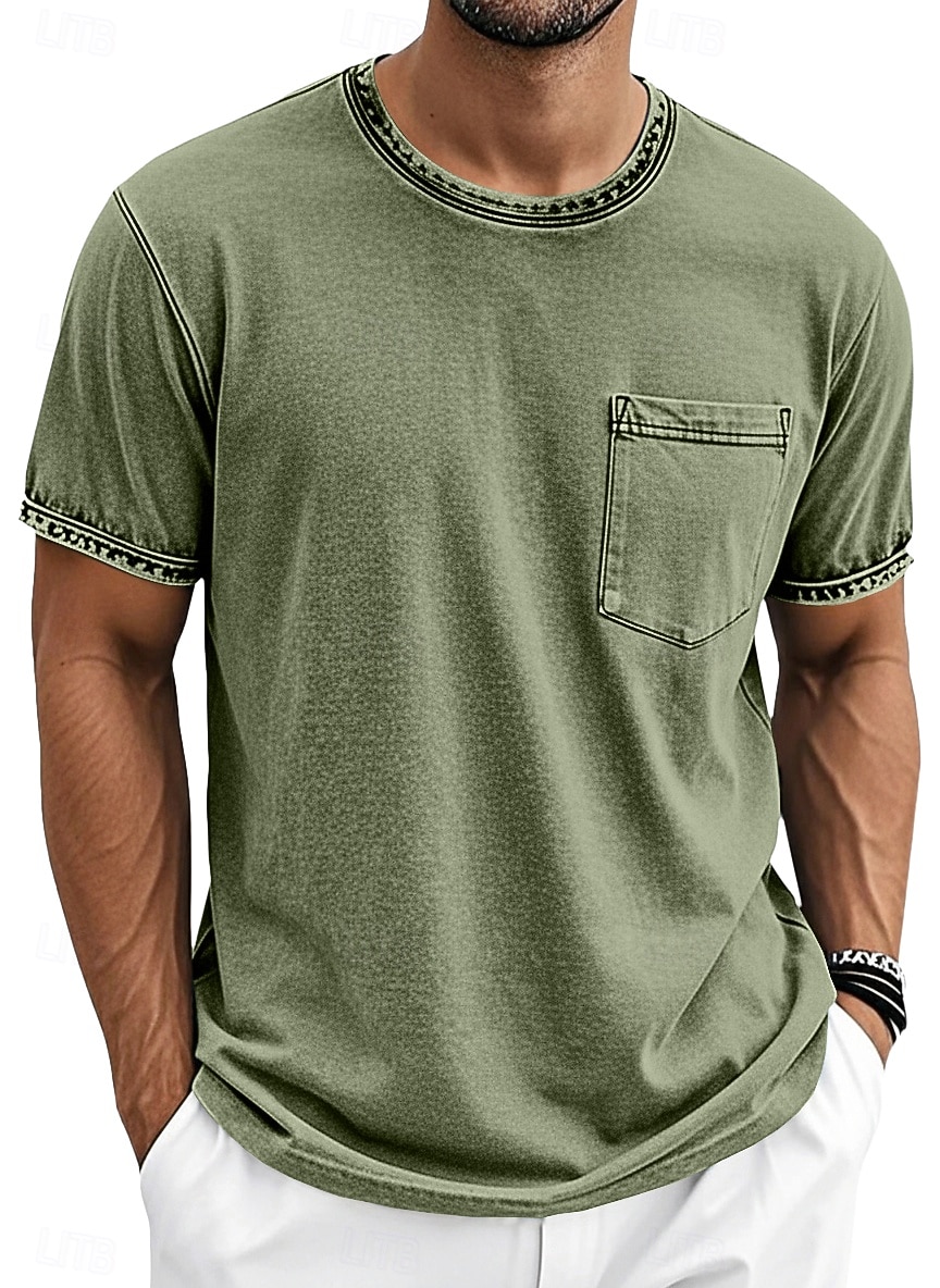 Herre T skjorte 100% bomullssyre-vaskeskjorte Kortermet Crew-hals Sommer Vår Alle årstider Helfarge Enkel Elegant Årgang Nøytral Lomme Plaggfarget Nedtrykt Avslappet Hjem utendørs Lyseblå Svart Brun 2026 - $20.99 –P4