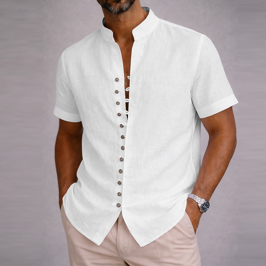 Per uomo Camicia Camicia di lino Camicia Estiva Abbigliamento da spiaggia Camicia con Bottoni Semplice Casuale Spiaggia Blu Nero Bianco Rosa Manica Corta Collo alla coreana Estate Primavera & Estate del 2026 a $23.99 –P2