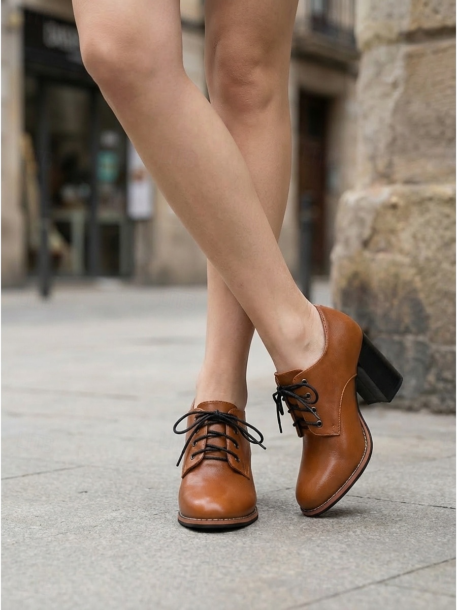 Vintage-Oxford-Pumps für Damen in Braun – klassische Schnürschuhe mit Blockabsatz und Brogue-Details, ideal fürs Büro und für die Schule. &Freizeitoutfits 2026 - $46.99 –P1