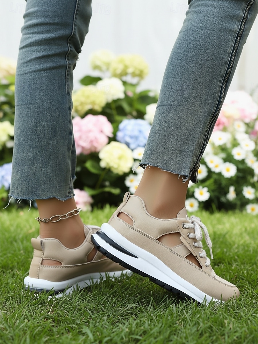 Zapatillas beige con cortes para mujer: zapatos informales transpirables con cordones para uso diario, para caminar y viajar. 2026 - $26.99 –P6