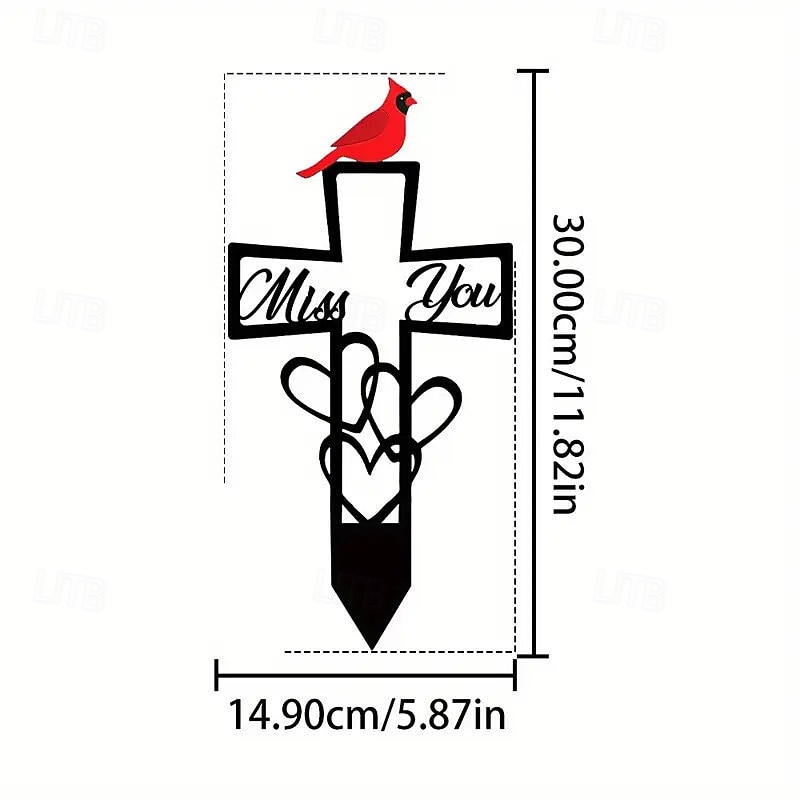 kovová pamětní deska na hřbitově na památku, železný kříž s červeným kardinálem a květinovou výzdobou, venkovní zahradní kůl na památku pamětního dne, dekorace hřbitovního dvora 2026 - $16.99 –P2
