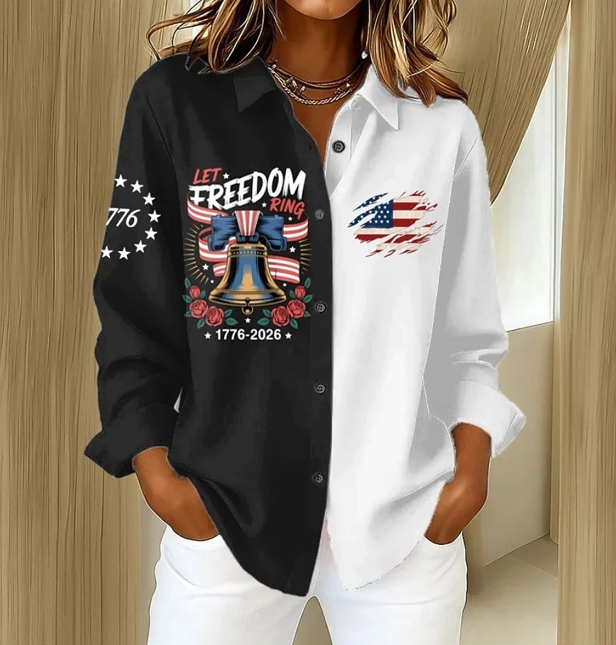 American Independence Day Women's Shirt Buttons Print Graphic America's Anniversary Vintage Stylish Modern Long Sleeve Shirt Collar Regular Tops Daily Blue Black Summer Spring 2026 - $32.99 –P2