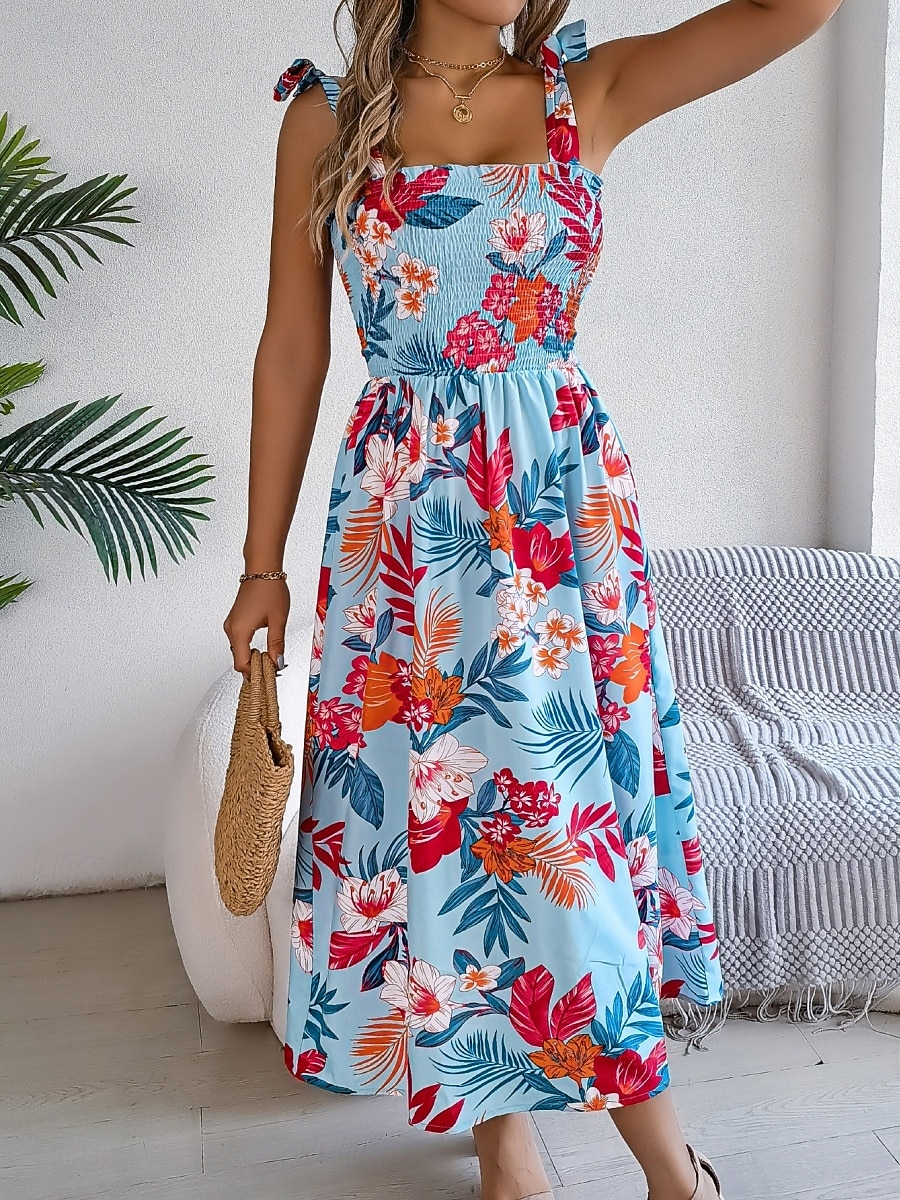 Women's Midi Dress Beach Dress A Line Dress Floral Dress Slip Dress Elegant Fashion Modern Outdoor Beach Vacation Regular Fit Floral Sleeveless Square Neck Blue Yellow Green Summer Spring 2026 - $26.99 –P7