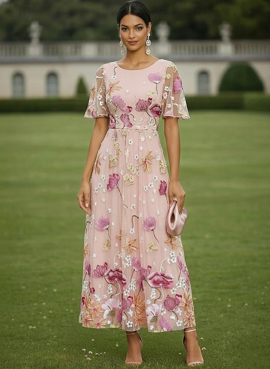 A-الخط فساتين طول الكعب فستان كوكتيل فستان زفاف ضيف فستان أم العروس كم قصير رقبة عالية مدورة أنيق كاجوال رسمي ضيف حفل زفاف كنتاكي ديربي شيفون تول مع طباعة الأزهار تطريز زينة 2026 - $163.99 –P1