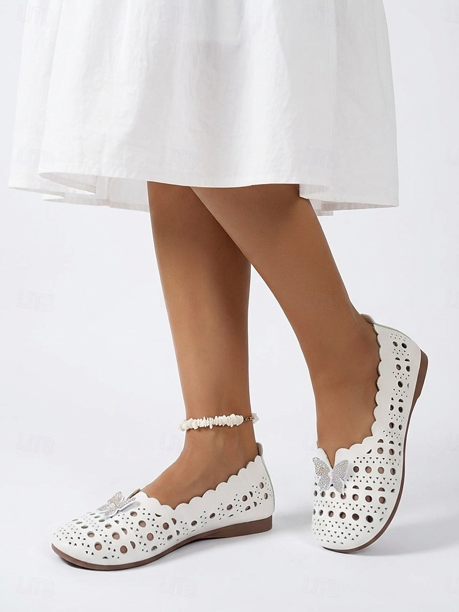 Sapatos femininos brancos de bico largo com borboleta de strass – mocassins vazados macios e respiráveis para uso casual, viagens e dia a dia. de 2026 por $19.99 –P2