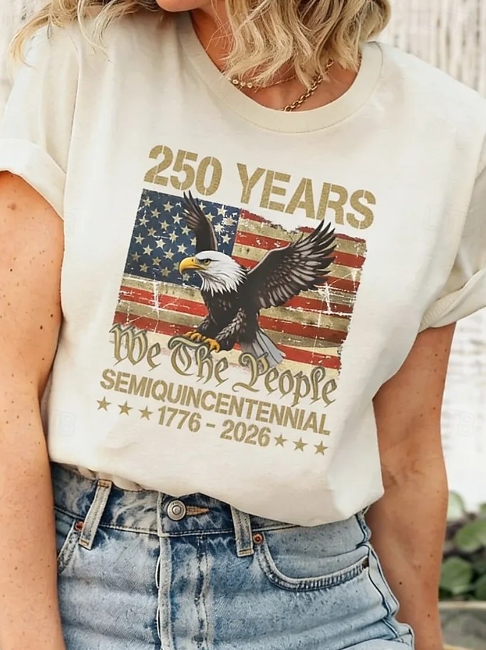 día de la independencia americana Mujer Camiseta Estampado Graphic Letra Bandera estadounidense Elegante Clásico Casual Manga Corta Cuello Barco Tops regulares Diario Beige Verano Primavera 2026 - $22.99 –P1