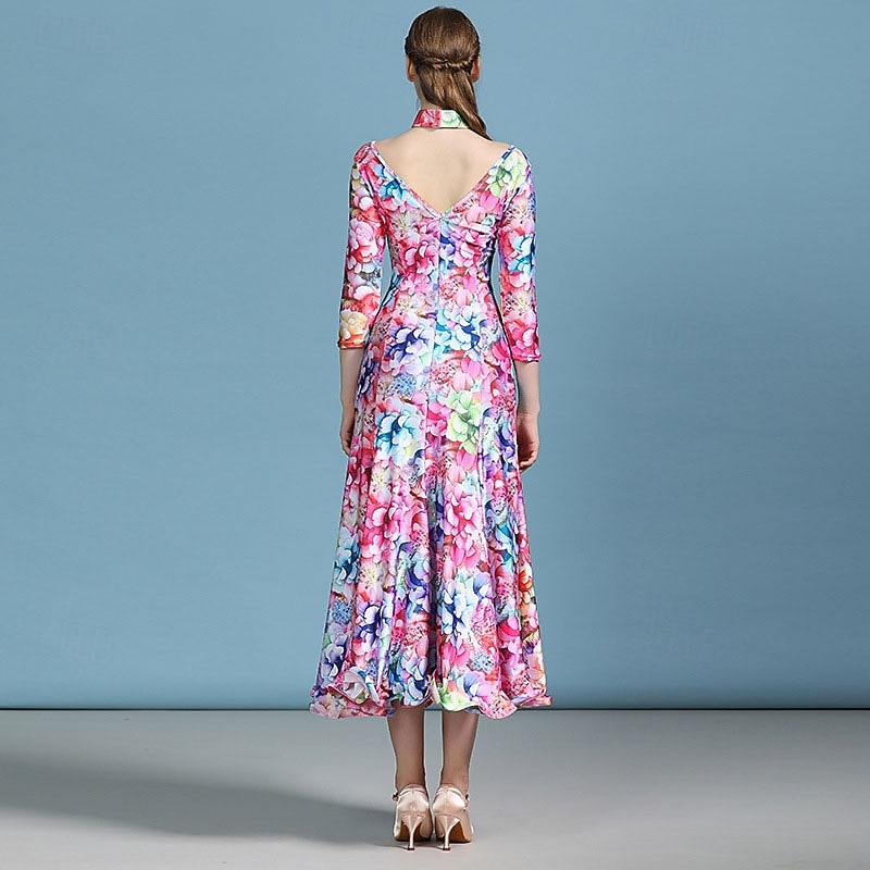 Ballroom Dance Dress Floral Print Pleats Women's Party Training Performance 3/4 Length Sleeve High Elastane 2026 - $119.99 –P5