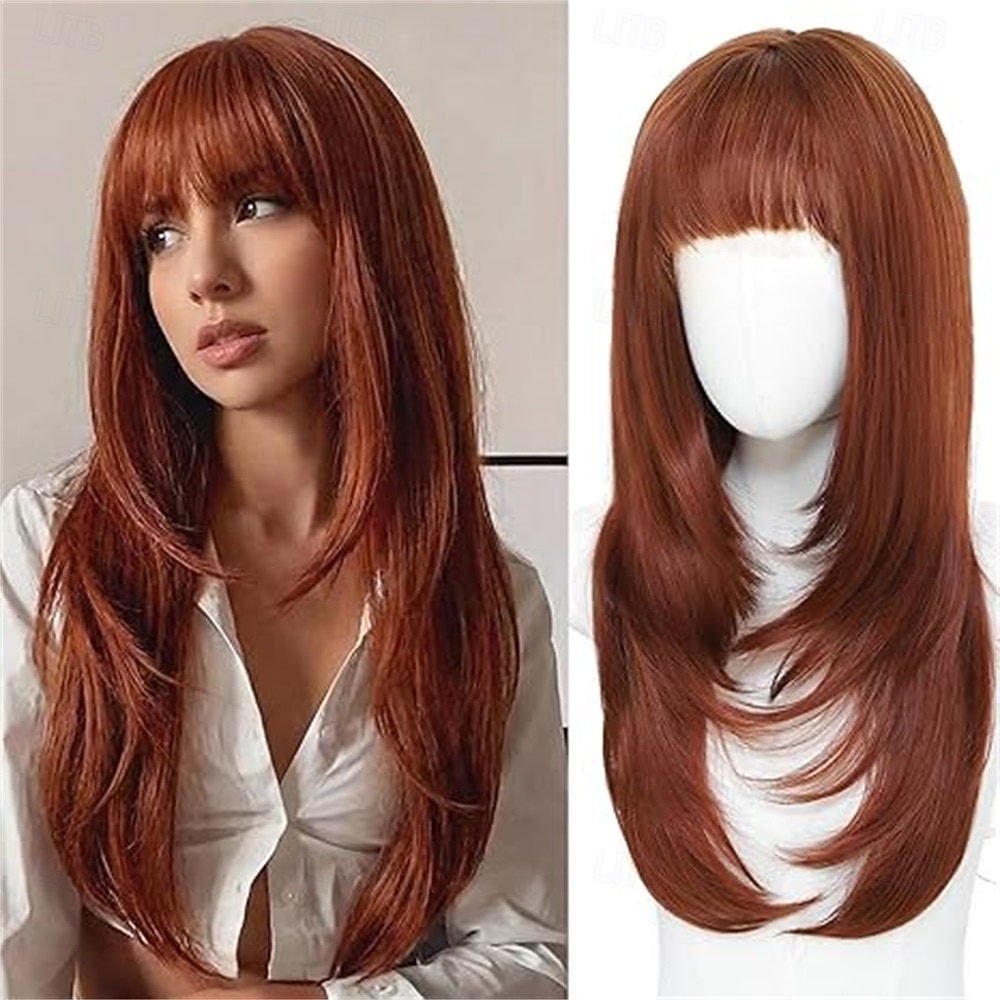 Peruca castanha com mechas e franja para mulheres, peruca castanha longa e ondulada, peruca castanha em camadas de 66 cm (26 polegadas). de 2026 por $32.99 –P4