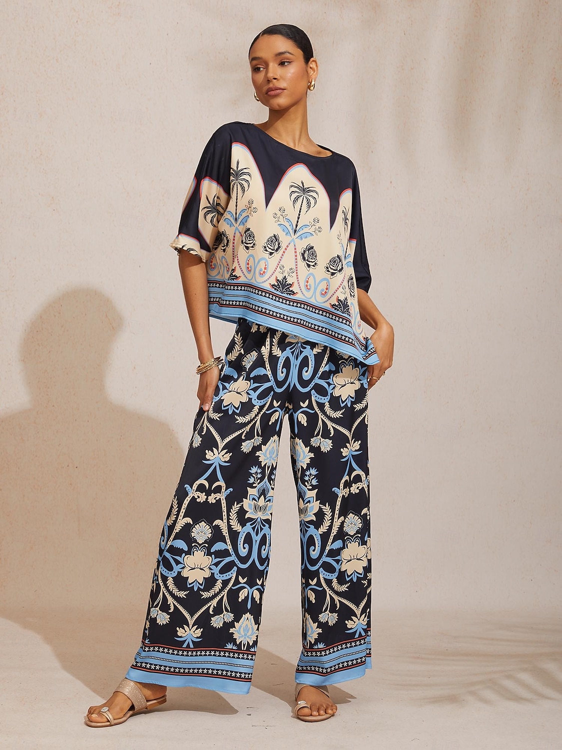 Kesäyön palmunvärinen silkkinen satiinitoppi, dolmanhihoilla 2026 - $56.99 –P4