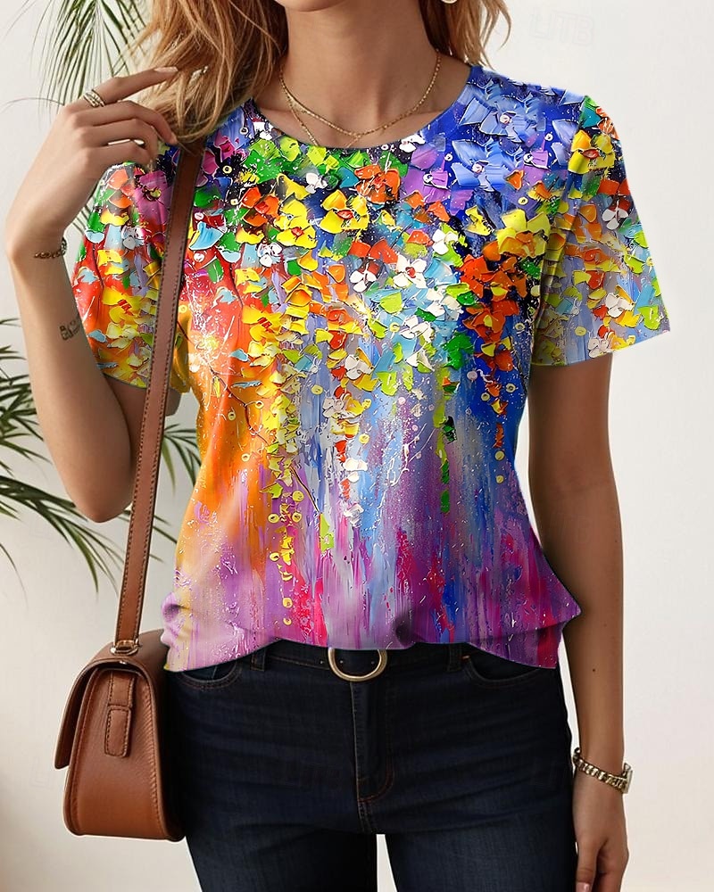 Dames T-shirt Afdrukken Bloemig Casual Korte mouw Ronde hals Normale tops Dagelijks blauw Zwart Wit Lichtgroen Paars Zomer 2026 - $7.99 –P10