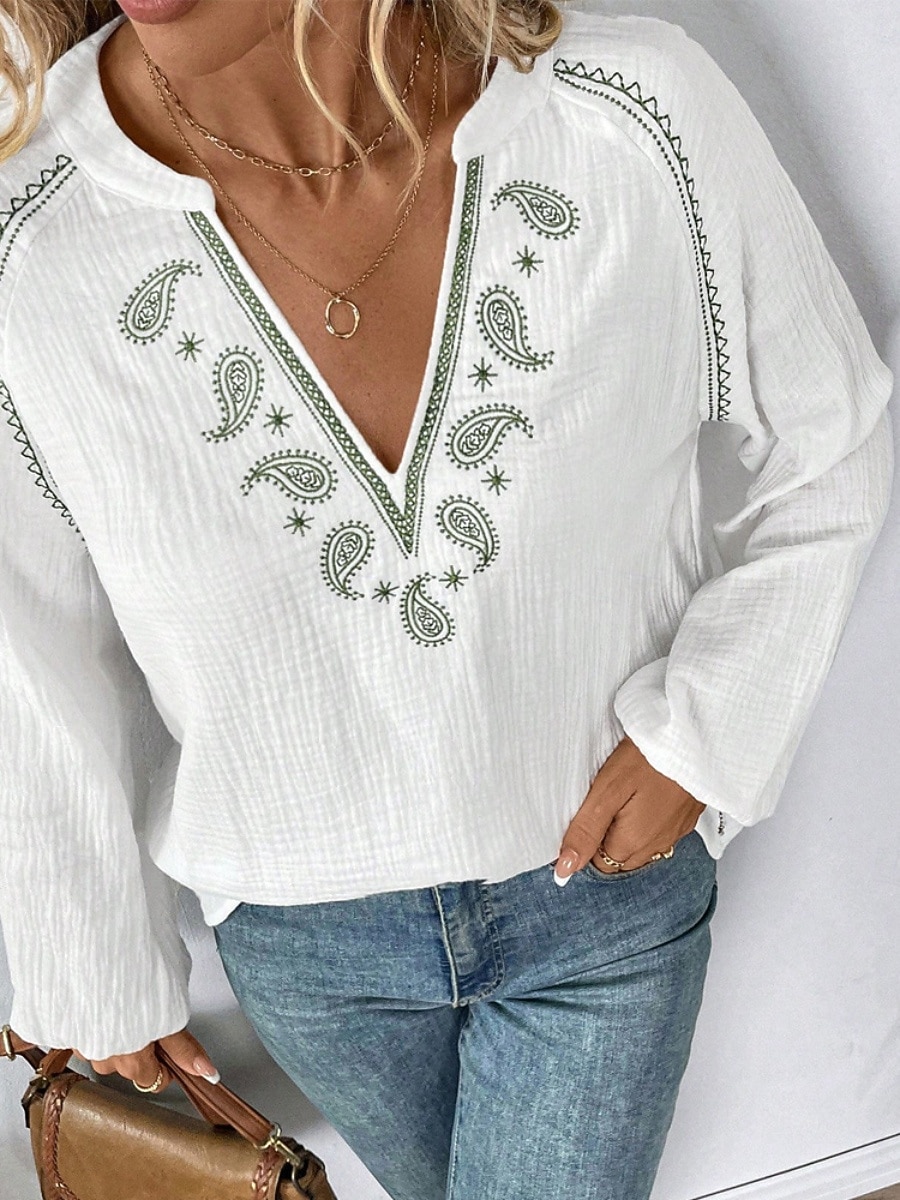 Women's Shirt Blouse Embroidered Print Floral Classic Modern Casual Long Sleeve V Neck Regular Tops Daily Outdoor Holiday White Summer Spring 2026 - $37.99 –P5