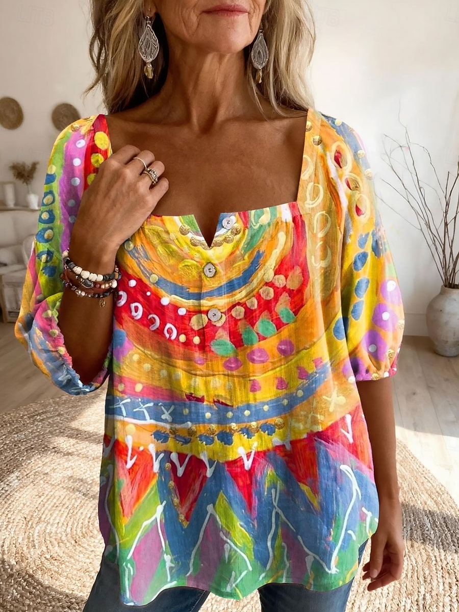 2026年 女性用 ブラウス プリント フラワー グラフィック 日常 スタイリッシュ ベーシック ハーフスリーブ スクエアネック レギュラートップス 日常 イエロー ピンク パープル オレンジ 夏 春  コレクション – $34.99 –P2