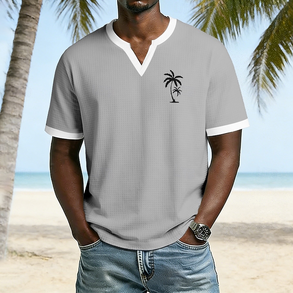 Camiseta masculina de manga curta com estampa de palmeiras, estilo tropical, para praia, em tecido waffle cinza, modelagem regular, ideal para férias e atividades ao ar livre. Disponível nos tamanhos de 2026 por $19.99 –P1