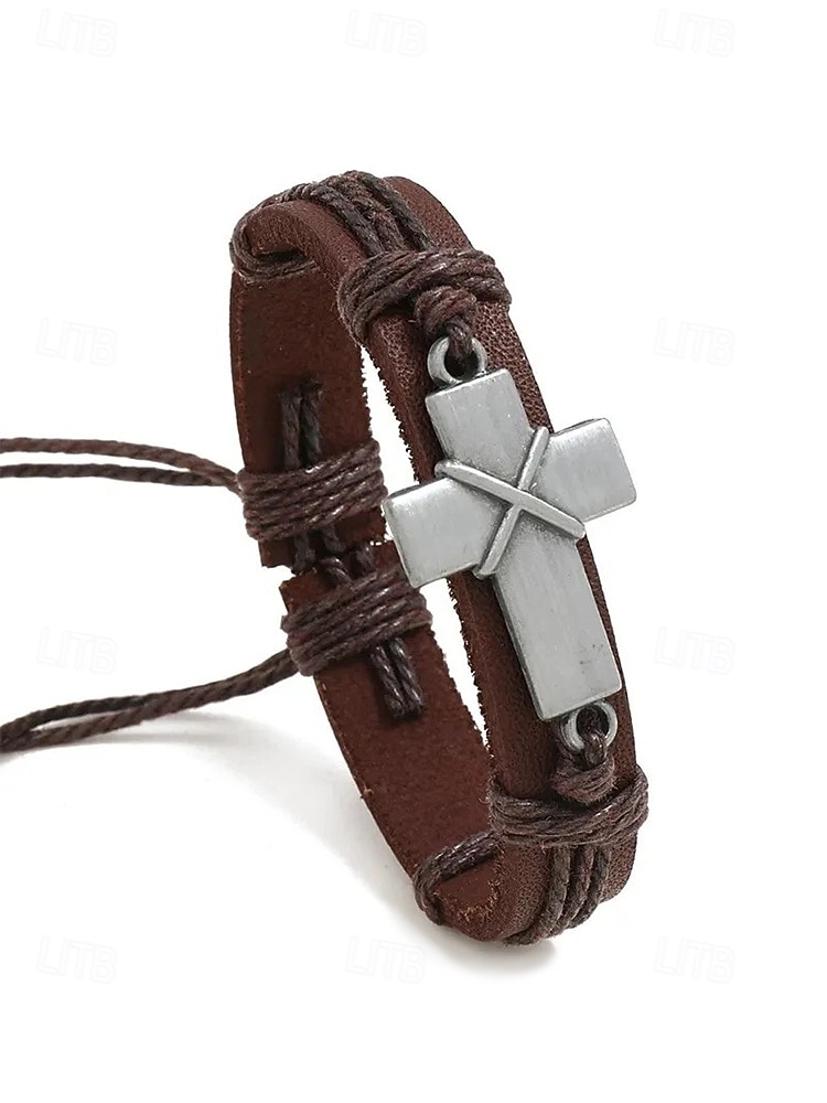 Herrarmband med bohemiskt kors i läder, äkta läder och legering, vintage-stil, justerbar längd, svart och brunt, perfekt för utomhusresor, vardagsbruk och fritidsbruk 2026 - $7.99 –P7
