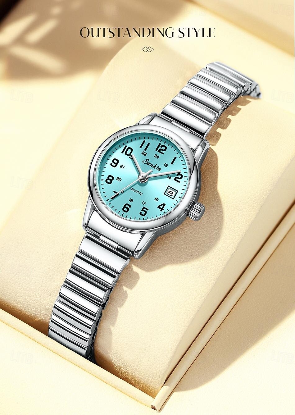 Montre femme facile à lire, à quartz, avec bracelet extensible en acier inoxydable, cadran bleu turquoise avec affichage de la date, étanche, élégante et décontractée, idéale comme cadeau pour femme de 2026 ? $18.99 –P3