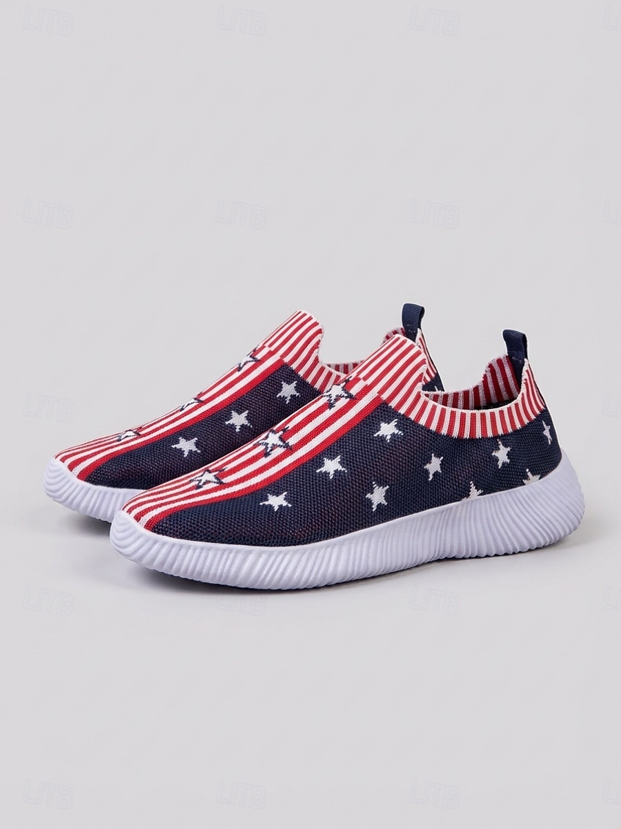 Røde blå strikkede joggesko med amerikansk flagg til dame, lette, pustende og slip-on-sko til 4. juli, patriotiske begivenheter og USAs 250-årsjubileum. &hverdagsbruk 2026 - $24.99 –P1