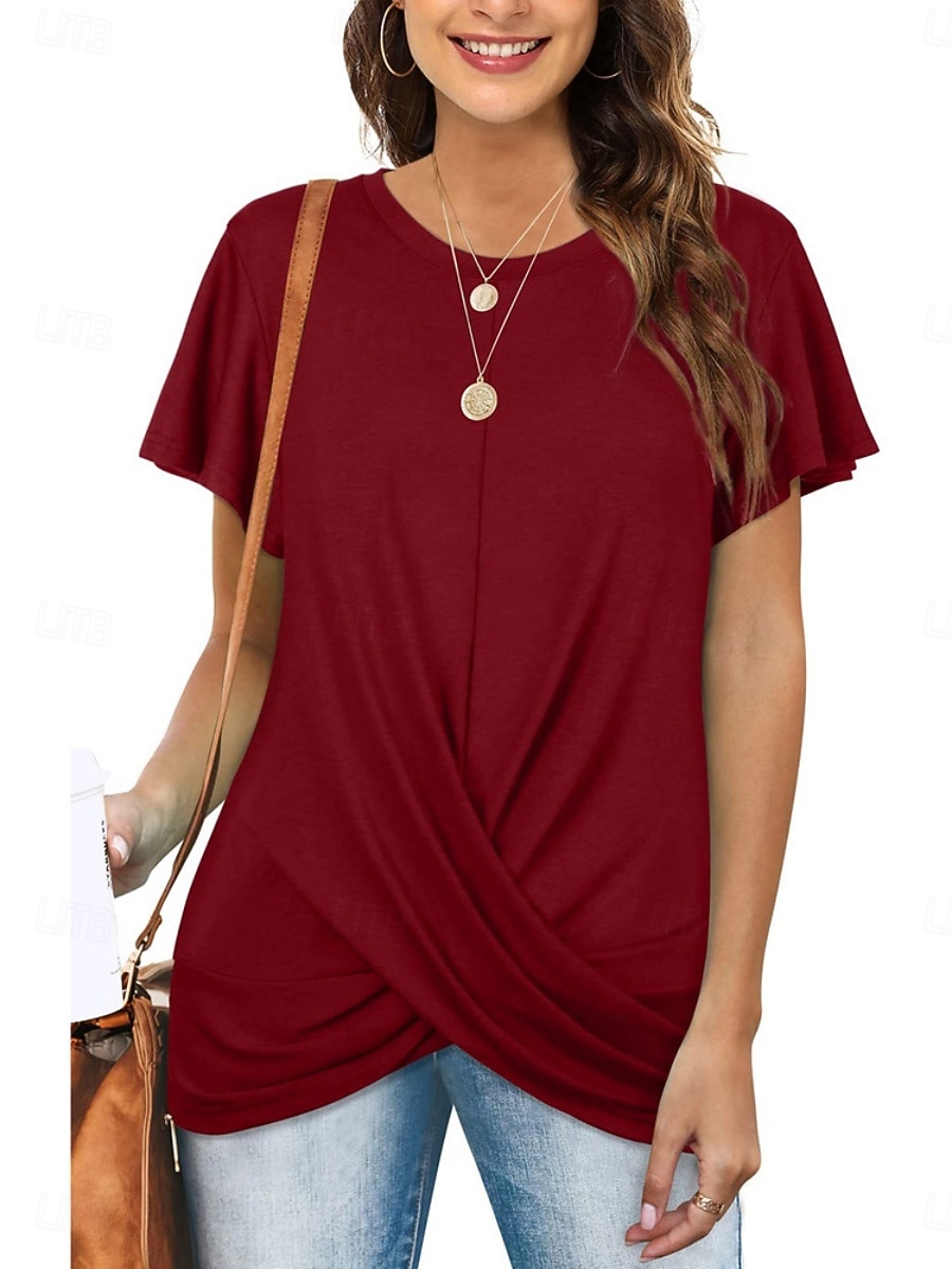 Mulheres Camiseta T-shirt Franzido Tecido Moda à moda Clássico Manga Curta Gola Redonda Tops regulares Diário Para Noite Final de semana Azul Preto Branco Rosa Vinho Verão Primavera de 2026 por $19.99 –P7