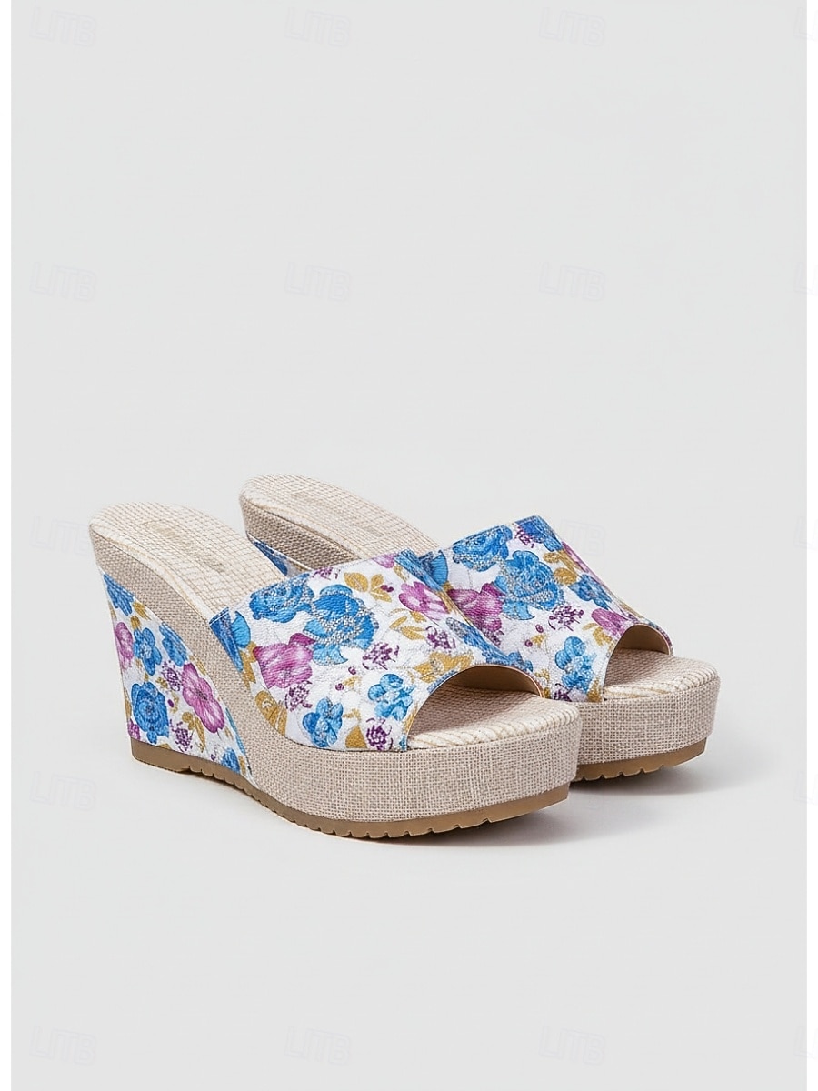 Sandali con zeppa romantici blu a fantasia floreale da donna - comodi sandali espadrillas con plateau e fiocco, ideali per resort all'aperto e vacanze al mare. &feste estive in giardino del 2026 a $29.99 –P3