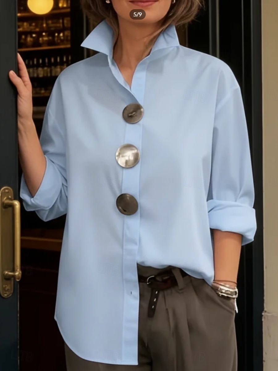 Women's Blouse Buttons Solid Color Elegant Stylish Casual Long Sleeve Lapel Regular Tops Daily Blue Black White Pink Wine Spring Fall 2026 - $22.99 –P8