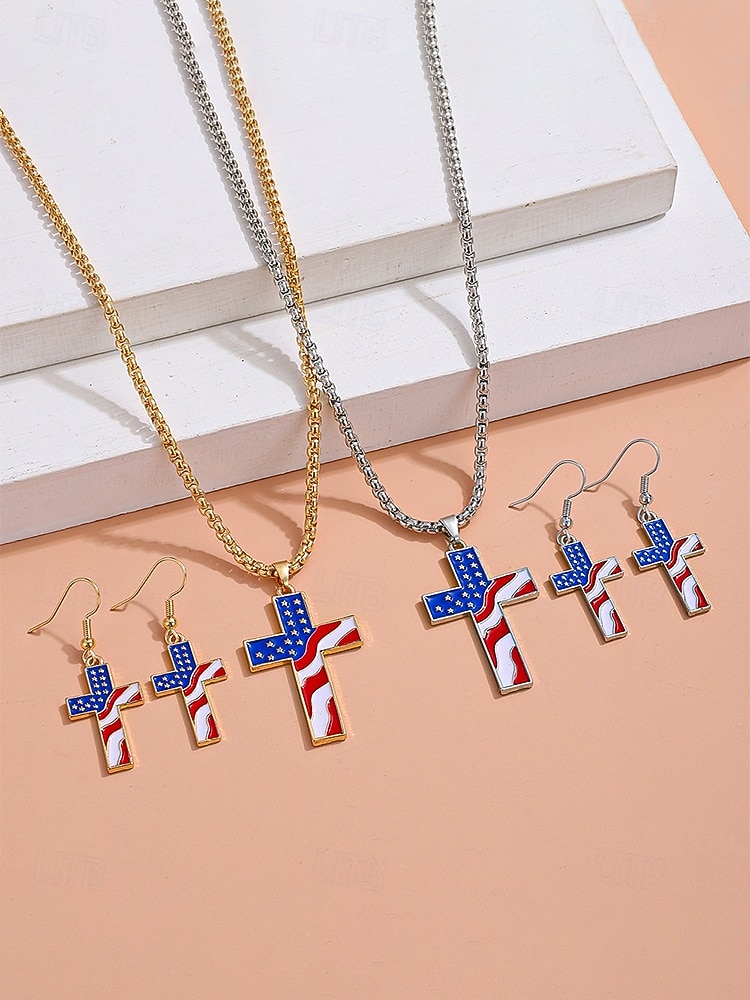 Damesketting en oorbellen met kruisje van legering, gouden en zilveren patriottische sieraden, oorbellen met hanger in de vorm van een Amerikaanse vlag, perfect voor de 250e verjaardag van de VS, Onafhankelijkheidsdag, casual kleding en vakantie. 2026 - $7.99 –P3