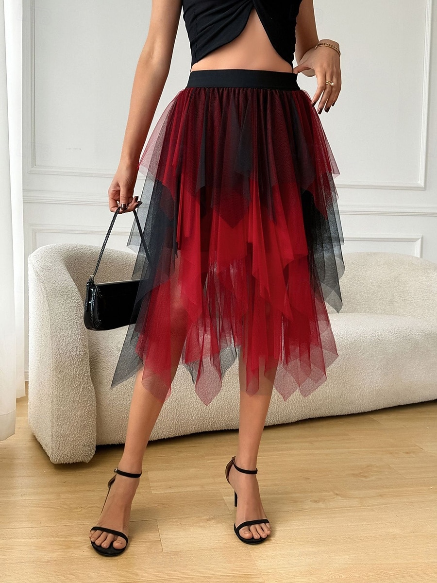 Women's Vacation Skirt Elegant Fashion Cute Casual Midi Mid Rise Skirts Color Block Elastic Waist Irregular Hem Layered Micro-elastic Daily Vacation Violet White Pink Red Summer 2026 - $16.99 –P2