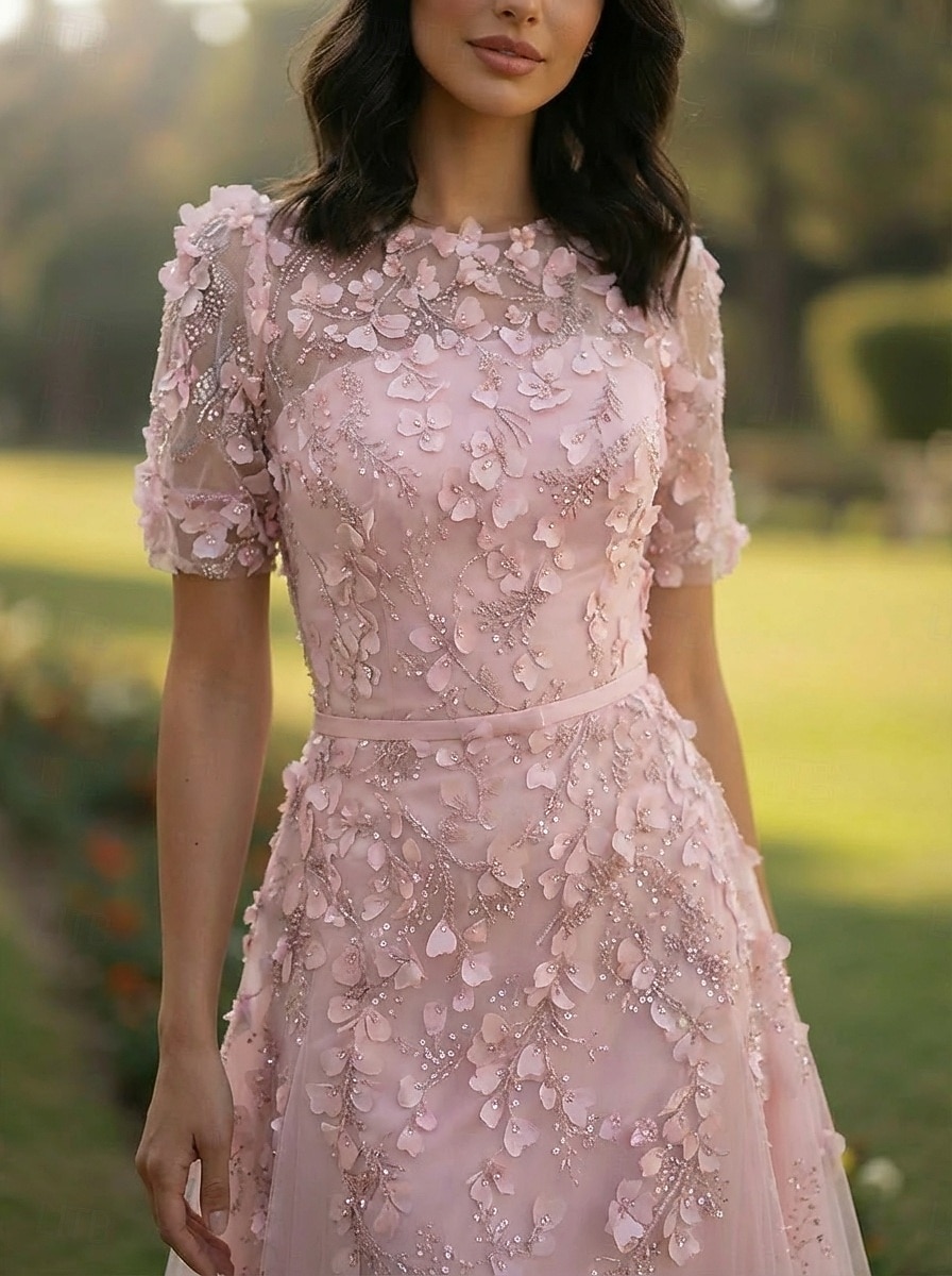 A-Line Tea Length Cocktail Dresses Elegant Vintage Floral Short Sleeve Crew Neck Wedding Formal Pink Dress Lace Tulle with Beaded Eembroidered Appliques 2026 - $205.89 –P2