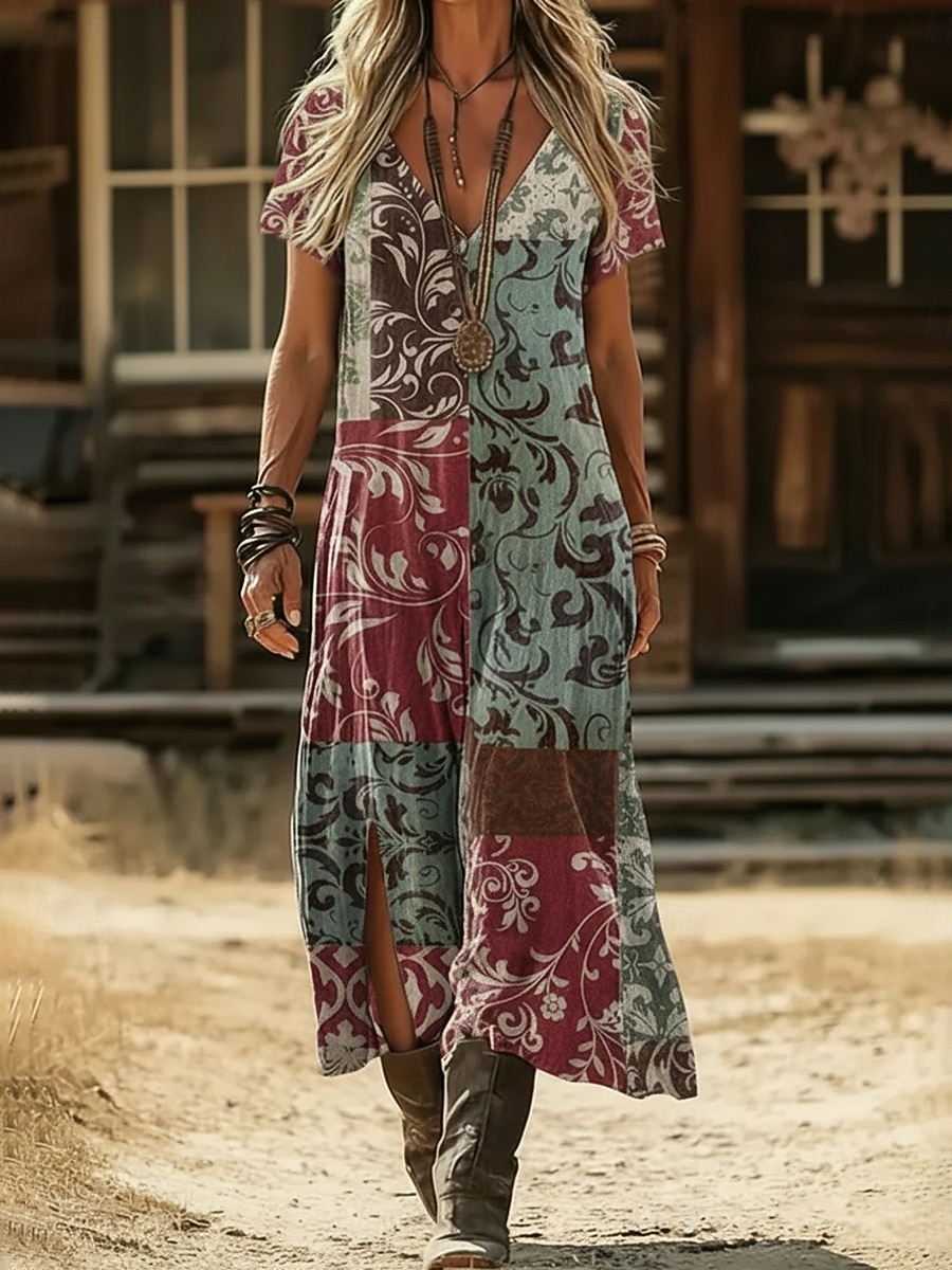 Naisten Maksimekko Boho-mekko Rento mekko A linjainen mekko Painatus mekko Muoti Moderni ulko- Loma Viikonloppu Loose Fit Kukka Kuvitettu Lyhythihainen V kaula-aukko Laivastosininen Purppura Apila 2026 - $25.99 –P1