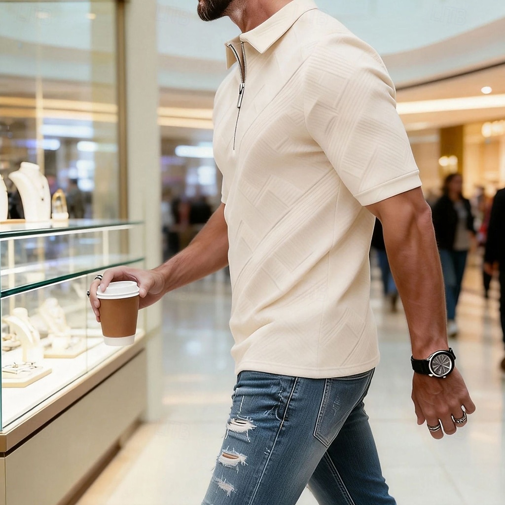 Per uomo Polo con zip Testurizzato Casuale Quotidiano Zip a un quarto Manica Corta Moda Tempo libero Semplice Cerniera Zip a un quarto Estate Primavera Blu Verde translucido blu navy Aalbicocca Blu del 2026 a $22.99 –P5