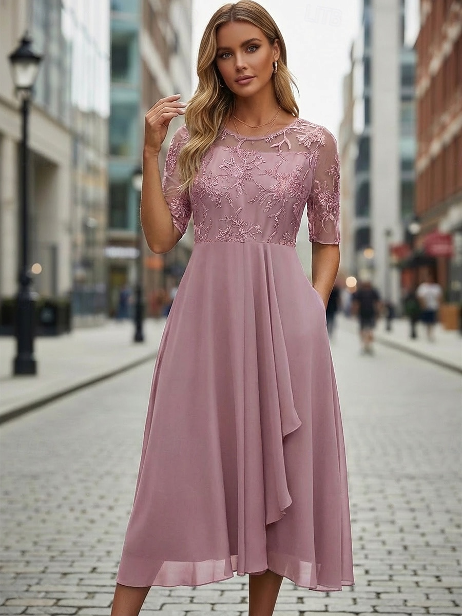 Dam Midiklänning Chiffongklänningar Spetsklänning Cocktail klänning Bröllopsgästklänning Elegant Formell Fest Bröllop Normal Halvlång ärm Rund hals Rodnande Rosa Guld Grön Mörkblå Sommar 2026 - $43.99 –P3