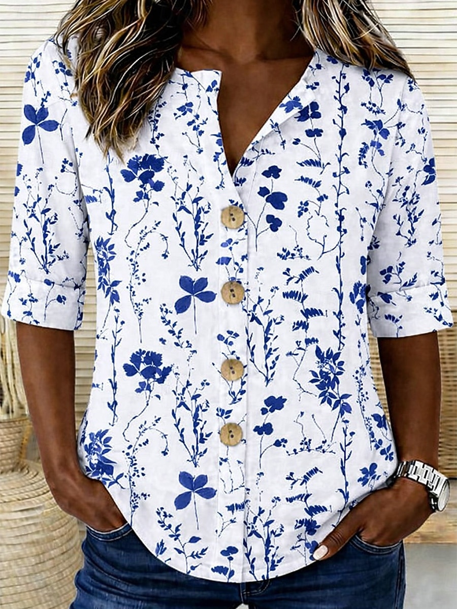Women's Shirt Print Floral Graphic Elegant Vintage Tropical Half Sleeve V Neck Regular Tops Daily Holiday Beach Wear White and Blue Summer Spring 2026 - $33.99 –P1