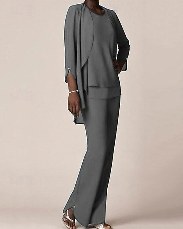 Overall Hosenanzug Bodenlang Brautmutterkleid Dreiviertelarm V Ausschnitt Elegant Hochzeitsgast Chiffon mit Rüschen 2026 - $142.99 –P2